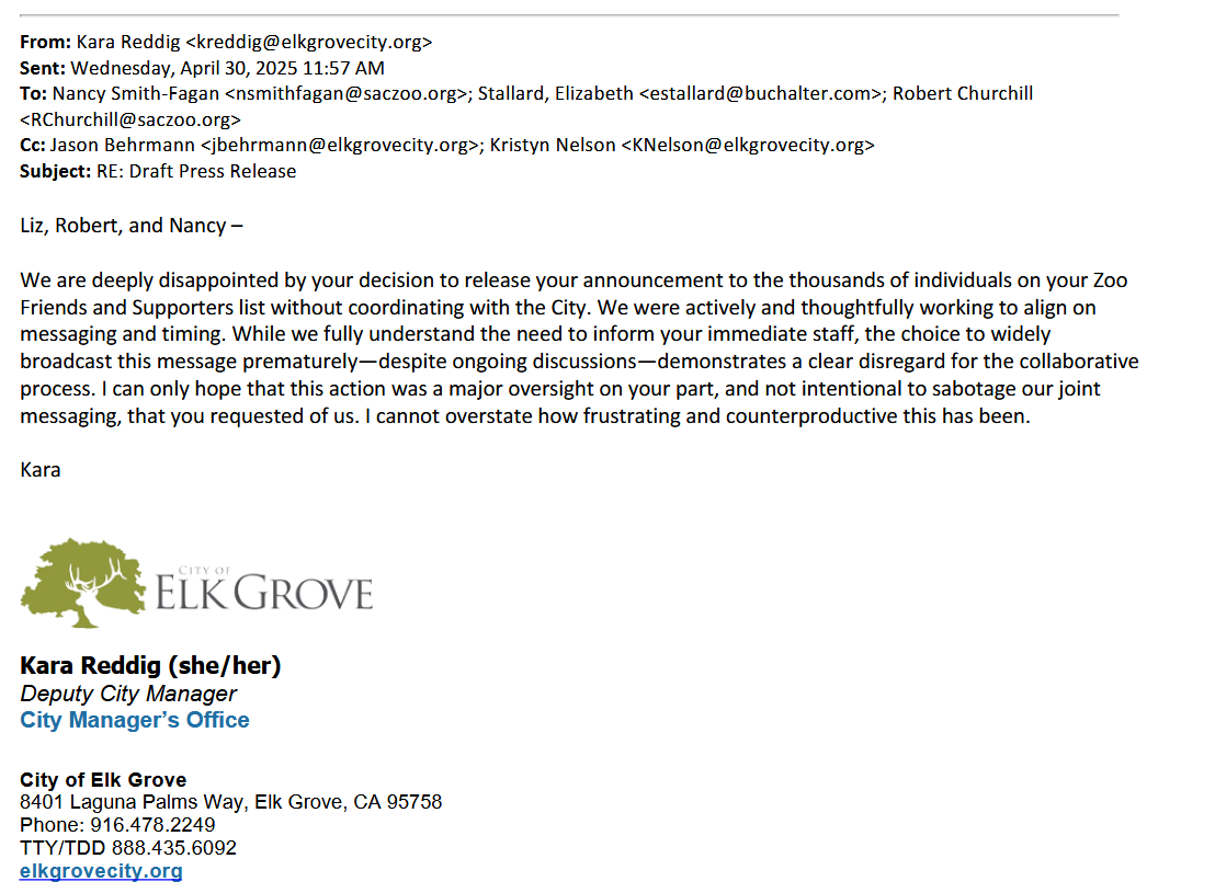 Emails between Elk Grove, Sacramento Zoo reveal frayed emotions as the zoo plan ending was announced