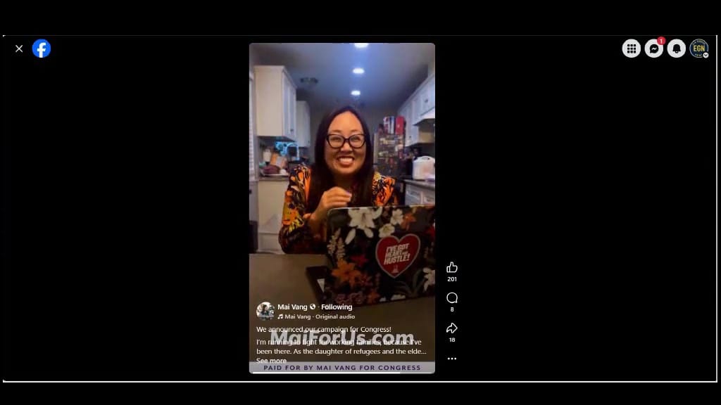 Mai Vang makes a pitch for contributions in the battle against incumbent Doris Matsui