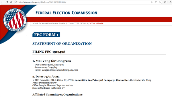 Mai Vang files paperwork with Federal Election Commission to challenge Doris Matsui for CA Congressional District 7